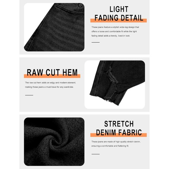 Women Baggy Wide Leg Cropped Ripped Jeans High Waist Comfortable Stretch - Picture 5 of 6